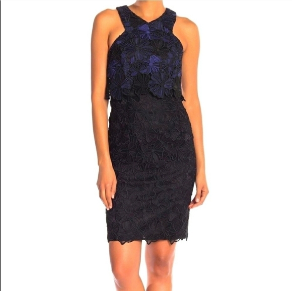 Trina Turk Miranda Blue Black Guipure Lace Sheath Cocktail Dress Size 2 New - Picture 13 of 14